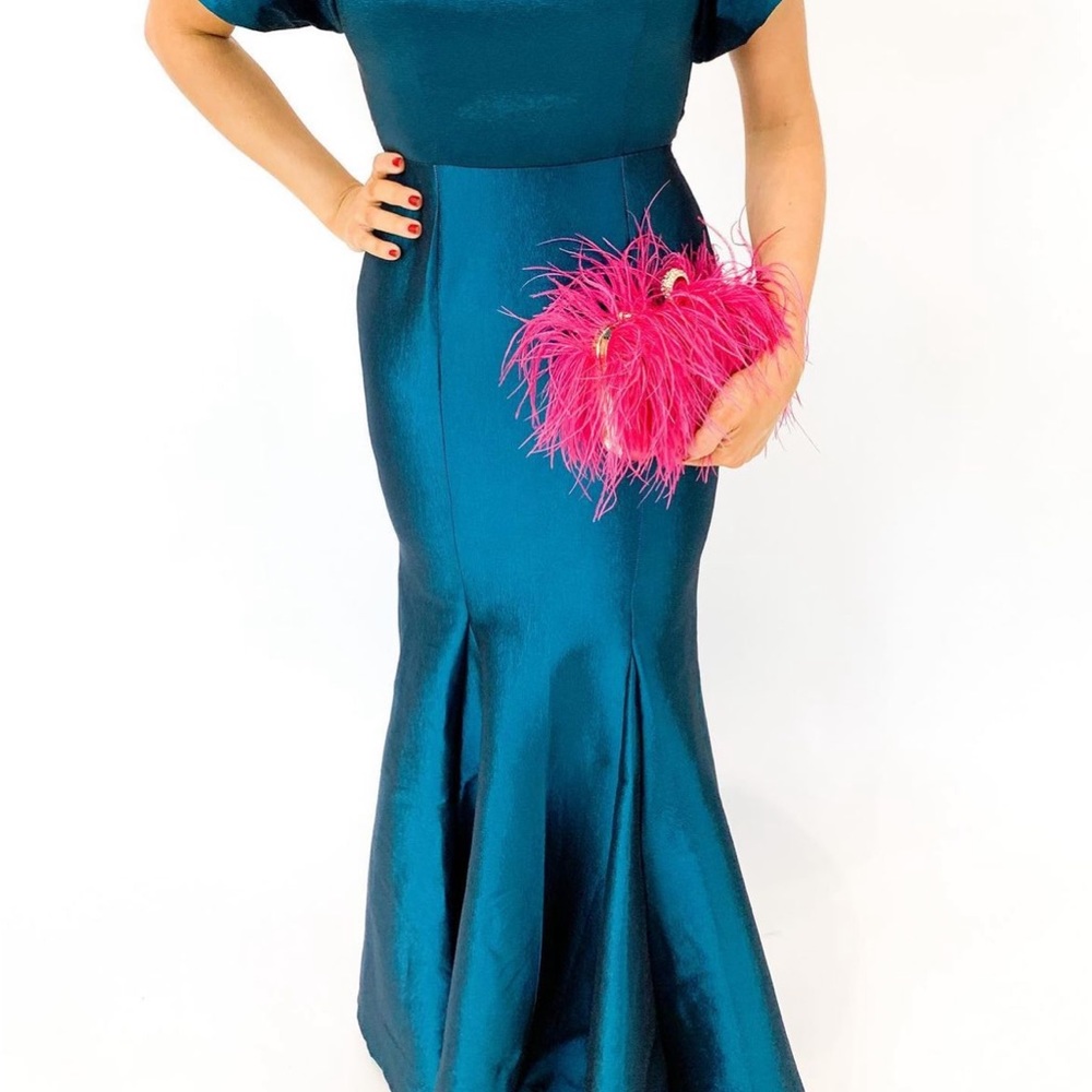 Teal Crepe Puff Sleeve Mermaid Style Ball Gown, Sz M (NWT) - Picture 2 of 3